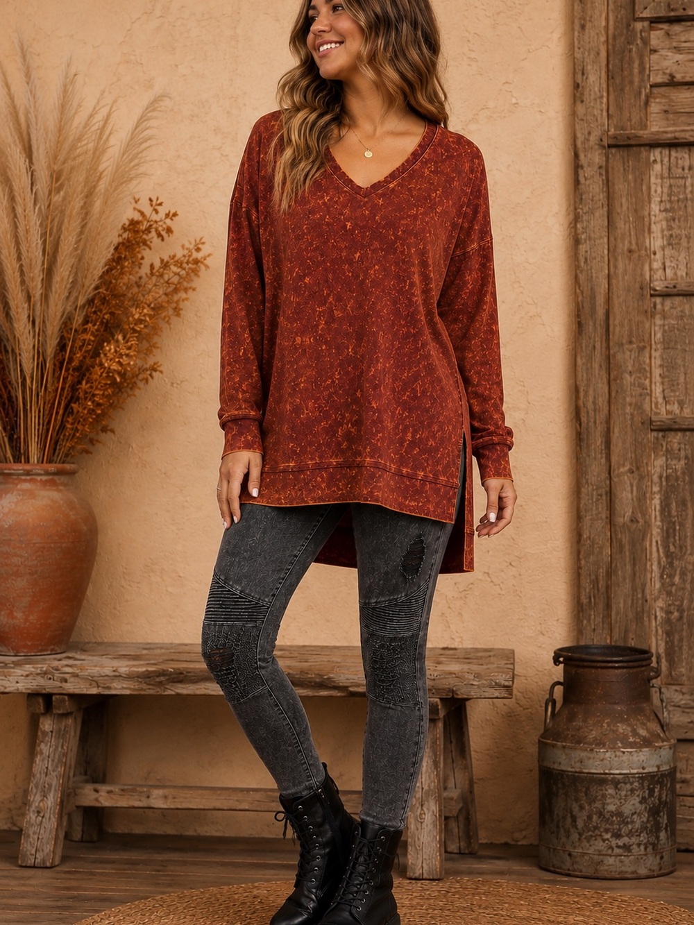 Zenana Rust Mineral Wash Tunic + Boom Boom Distressed Leggings Set L/XL